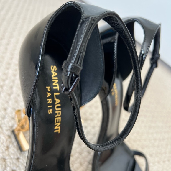 YSL ~ Saint Laurent, black patent leather Opyum Gold Ankle Strap Heels. Size 37 - Picture 7 of 8